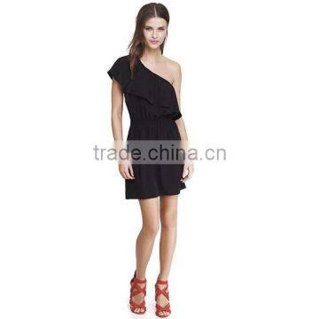 Woman Casual Black One Shoulder Elastic Waist Ruffle Short Dress