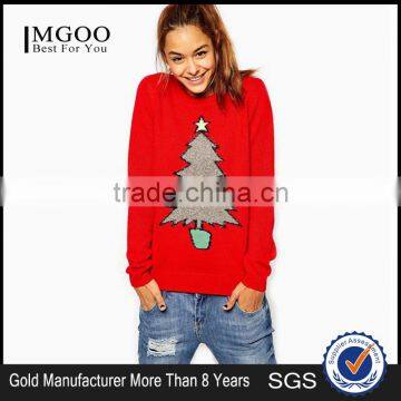 Merry Christmas Ladies Knitwear Crew Neck Cotton Sweater Red In Stock Women Clothings