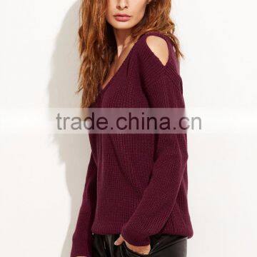 Custom V Neck Cold Shoulder Burgundy Sweater Cotton Polyester Blends Drop Shoulder Sweatshirt photo-4
