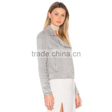 Autumn 2018 Lady Clothing Silver Faux Suede Zip up Motorcycle Jacket photo-2