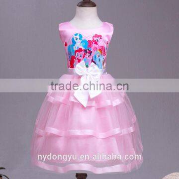 pink bowtie princess princess dress/kuyin g young girl flower printed princess dress/new design girl holiday fashion dress