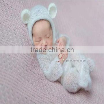 Knit baby romper Newborn mohair hooded romper Ruffle mohair bonnet and pant sets photography props Crochet luxury hat photo prop