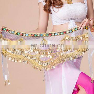 High quality Organza gold coin belly dance hip scarf with gradient color Y-2053#