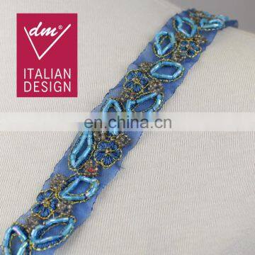 Latest design Mesh blue flower beaded Lace Trimming