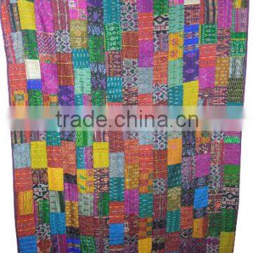 Silk Patchwork Quilt Vintage Old Patola Indian Sari Kantha Quilted Throws,Gudari Handmade Tapestery Twin Bedding photo-3