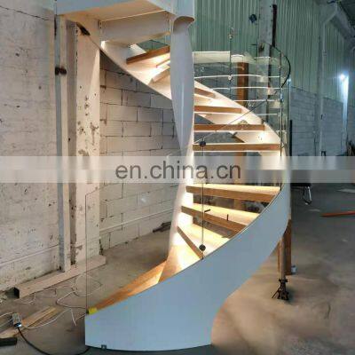 Modern Style Curved Steel Plate Stairs wooden Tread Spiral Staircase With Glass Railing