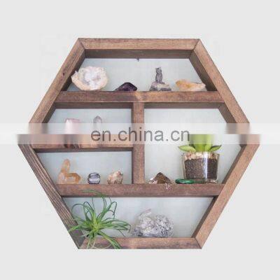 Rustic Hexagon Floating Shelves Wall Hanging Rack Multi-Layer Vintage Solid Wood Storage Shelf