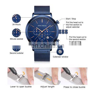 MINI FOCUS 0297G Fashion Men's Wrist Watches Luxury Design Quartz Watch Men 30m Waterproof Blue Stainless Steel Watch photo-5