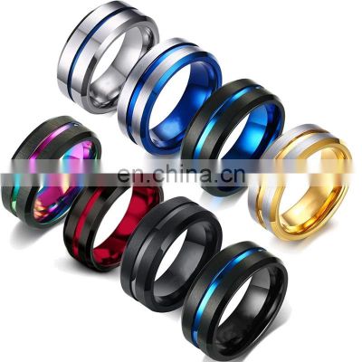 Fashion 8MM Men's Stainless Steel Rings Colorful Groove Beveled Edge Wedding Engagement Ring Men's Anniversary Jewelry