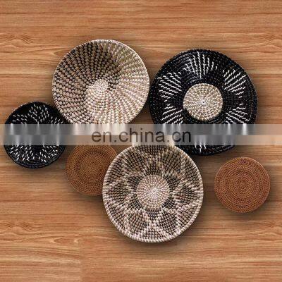 Set of 6 Wall Basket Decor Hanger Wall Plate Wicker Seagrass Placemat Baskets with Flower Patterns