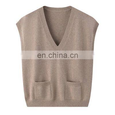 Custom Women's Pure Cashmere Vest Waistcoat Fashion V-Neck Front Pocket Solid Color Knitted Casual Style Outer Wear