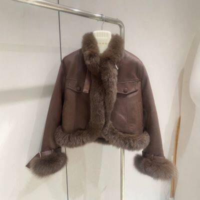 Fox fur grass jacket women's short motorcycle goose down inner lining down jacket