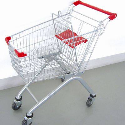 180L Asia 5 inch PU wheel Steel Shopping Trolley for Supermarket （surface : zinc and transparent powder coating）