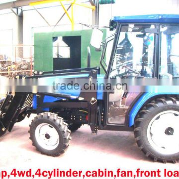 35HP mini tractor with front loader 4in1 bucket and backhoe,4cylinders,8F+2R shift,with Cabin,heater,fan,fork,blade