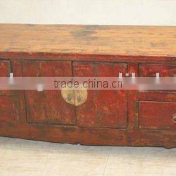 Antique Chinese Old Red Low Cabinet With Drawers