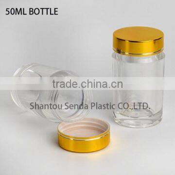 with golden aluminium cap 50ml wholesale Transparent pill bottle,clear bottle for personal product