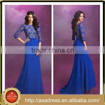 C01 Royal Blue Evening Party Gown Low Back 2016 Cheap Lace Appliqued Bodice Modest Prom Dresses with Sleeves for Party