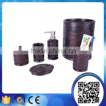 Factory direct black carved flower classical wood bathroom accessories sets with liquid soap dispenser bath set