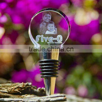 Arrival color crystal glass wine bottle stopper with 2D laser portrait(R-1214