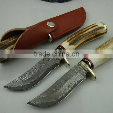 OEM damascus blade hunting knife with antlers handle