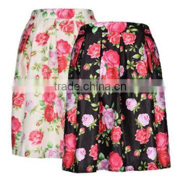 Fashion Women High Waist Floral Pleated Midi Skirt Ladies Slim Party Skirt