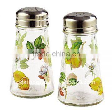 SINOGLASS 2 pcs with FRUIT BOTANICAL decal Square shape clear glass salt & pepper shaker jar set