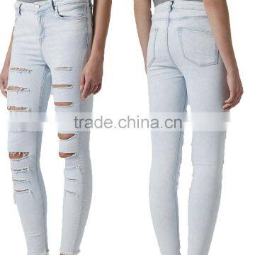 2014 Latest Design Sexi Women Blue High Waist Distressed Skinny Jeans