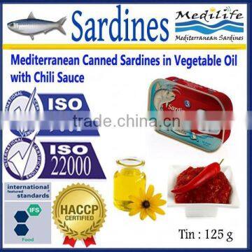 Mediterranean Canned Sardines in Vegetable Oil with Chili Sauce, High Quality Sardines,Sardines in cans with Chili Sauce 125g