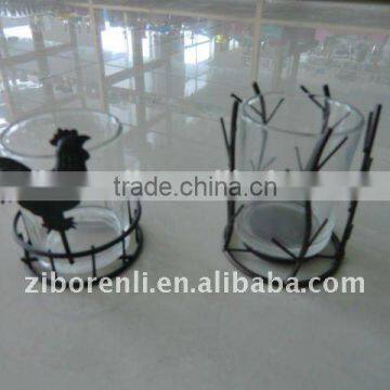 Glass Lantern Woven Metal Basket for Garden Decoration
