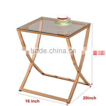 Fashionable new style stainless steel X shape metal brass end table with glass top