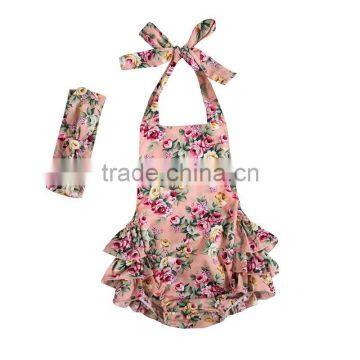 Wholesale Boutique Baby Girls Floral Prints Pretty Kids Summer Backless Rompers With Headband photo-2