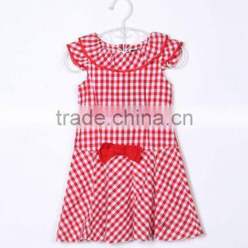 girl check dress 100%cotton bow dress