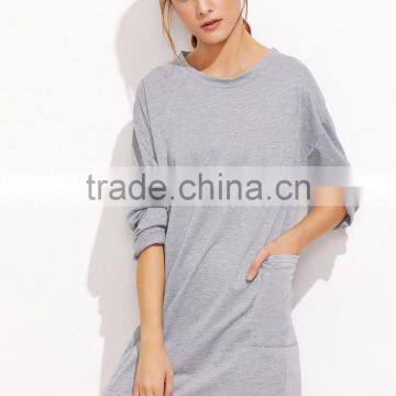Grey Drop Shoulder Tee Dress With Pockets Cotton Spandex Long Sleeve Casual Plain Sweatshirt Tee Dress photo-3