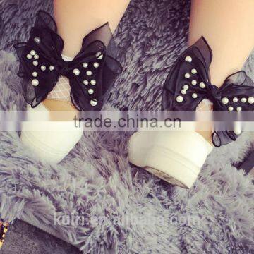 WS-36 2017New Hot Women Ruffle Large Fishnet Ankle High Socks Bow Tie Hollow Out Thin Mesh Lace Fish Net Short Socks photo-5