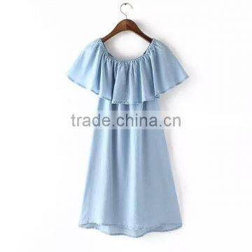 EY0565A 2015 New Style Women Falbala Pure Color Easy Cowboy Dress photo-2