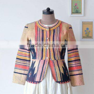 Hand Crafted Kantha Jacket in Beautiful Vintage Color Print ~ Large photo-1