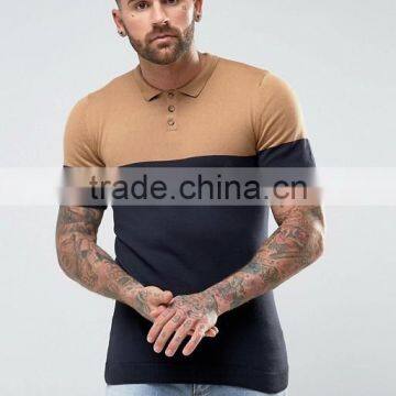 Mens Regular Fit T-shirt Polo With Colour Block Detail Tan Navy
