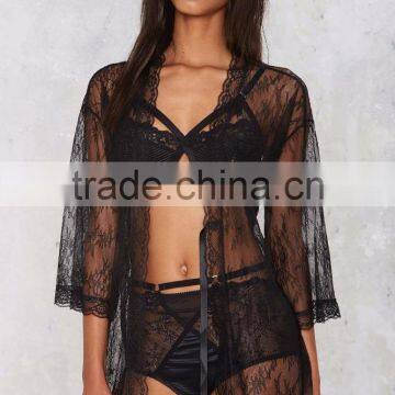 Black Lace Satin Bath Robes Sleepwear Lingerie