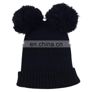 Custom winter black knitted beanie hats with two pom poms for female