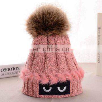 Crochet stripped hats cute eyes raccoon/fox fur pom pom hats