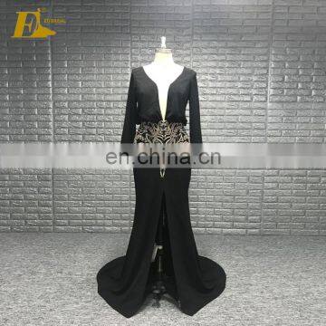 Sexy Deep V Neckline See Though Back Handwork Beading Lady Evening Dress Long Sleeve