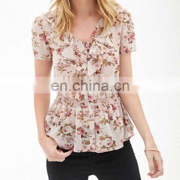 CHEFON Ruffled floral chiffon fashion blouses for young models summer