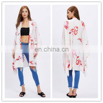 Fashion White Chiffon Flamingo Printed Kimono Cardigan Online