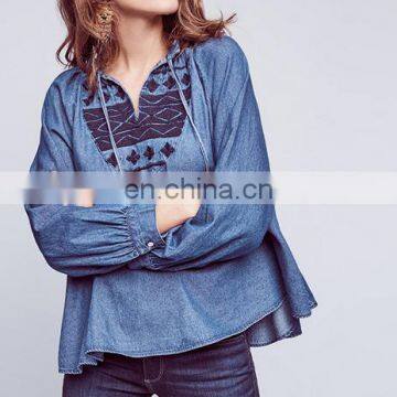 J0831 new arrival fashion vintage ethnic embroidery womens' denim shirt