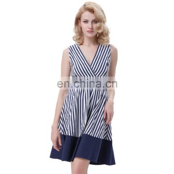 Belle Poque Stripe Pattern Stripped Sleeveless V-Neck A-Line Dress Retro Vintage 50s BP000308-1