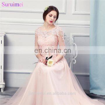 Peach Pink Bridesmaid Dresses Long Chiffon Floor Length Fashion Lace Applique Brides Maid Dress Free Shipping