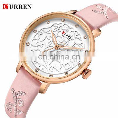 CURREN 9046 Women Simple Flower Pattern Elegant Watches Ultra Thin Dial Quartz Leather Fashion Wristwatch