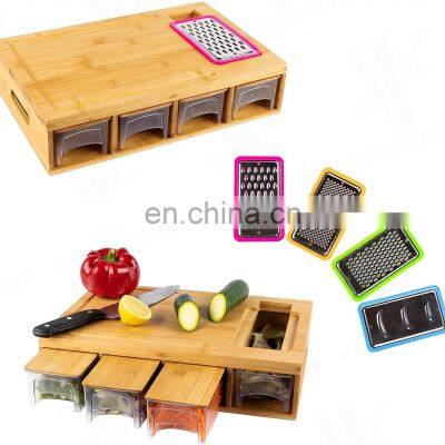 Free Sample Large Bamboo Cutting Board With Drawers And 4 container Tray, Juice grooves Fruit & Vegetable Tools