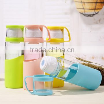 Glass water bottle with handle cap glass water bottle with silicone sleeve