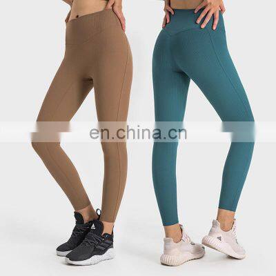 New Arrival Ribbed High Waist Slim Fit Naked Feeling Sports Gym Yoga Tights Women Workout Fitness Athletic Wear Leggings Pants